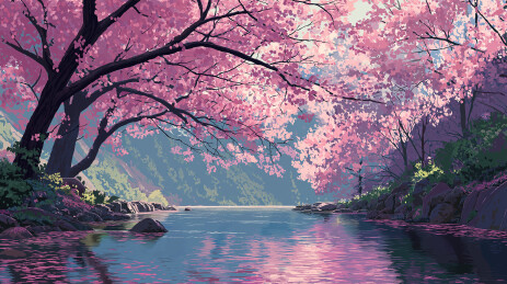 樱花夹岸水波光