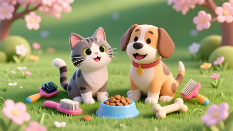 春季宠物护理活动在草地上陪伴可爱猫狗