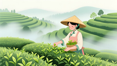 春分节气采茶女在绿色梯田间采摘新茶