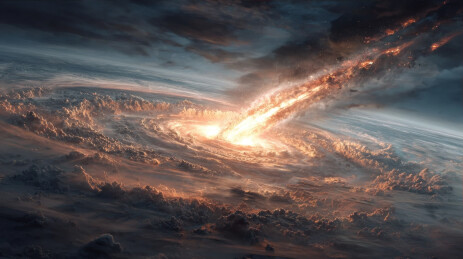 巨大陨石撞击地球大气层产生爆炸火光