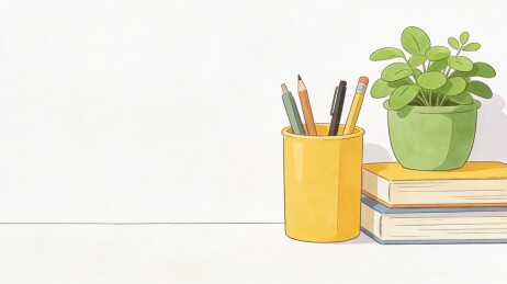 书桌静物笔筒绿植与书籍