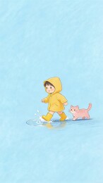 雨中漫步孩童与猫咪的温馨时刻