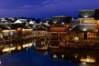 四川宜宾李庄古镇月亮田景区蓝调时刻风景