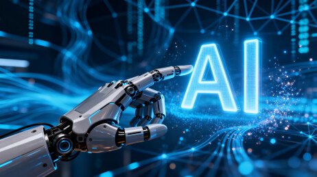 机械手触碰AI发光字样科技感强