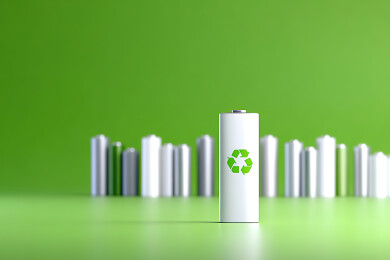 绿色背景下带有循环利用可回收标志的电池