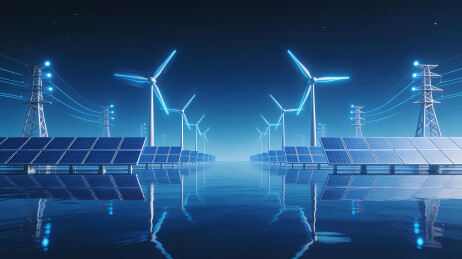 蓝色风机与太阳能板夜景