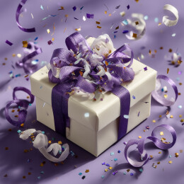 紫色的礼物盒周围有彩带和纸屑