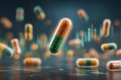 绿色和橙色的胶囊药丸在空中悬浮