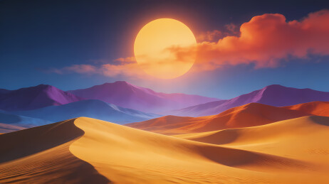 橙月悬空暖色沙漠