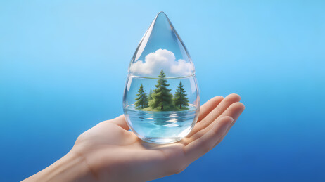 手托水滴形玻璃容器内有自然景