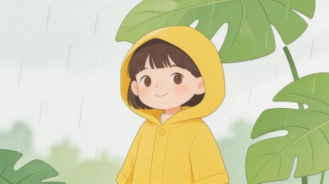 雨中穿黄雨衣的女孩