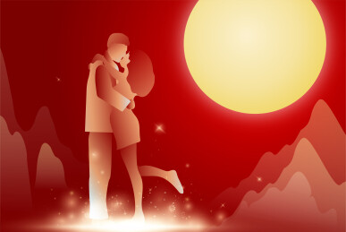 月圆夜晚情人相拥亲吻节日庆祝