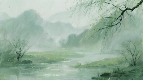 细雨中的山间溪流与垂柳景致