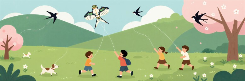 春日郊外儿童放风筝插画