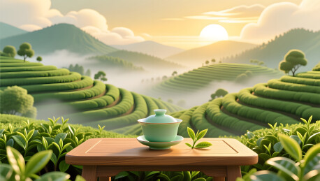 春分时节晨光洒在山谷茶园梯田之上