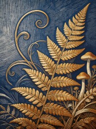 金色蕨类与蘑菇艺术插画