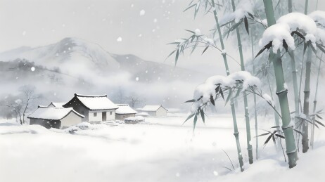 雪景竹林古屋静谧画面
