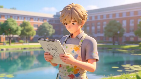 青年画家户外创作素描