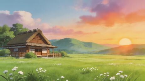 日落田园茅屋风景