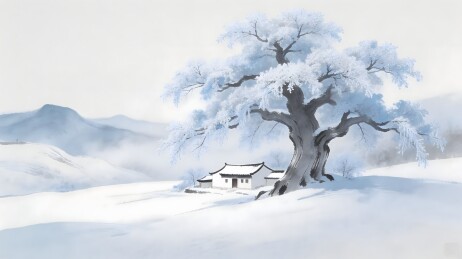 雪覆古树白屋冬景图