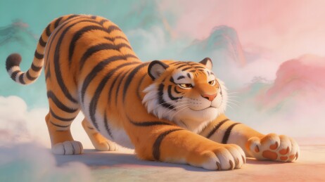 卡通老虎云雾中伸展