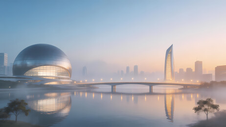 未来都市天际线倒影