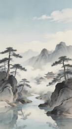 淡雅松山云雾图