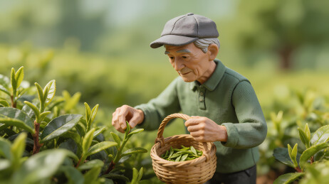 老人茶园采摘新鲜茶叶