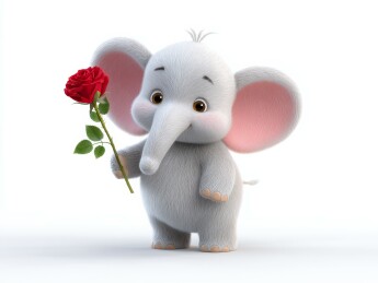 卡通大象手捧红玫瑰