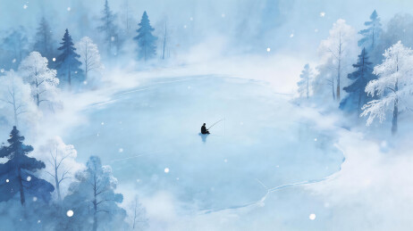 雪天冰面一人在垂钓