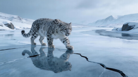 雪豹行走在冰面