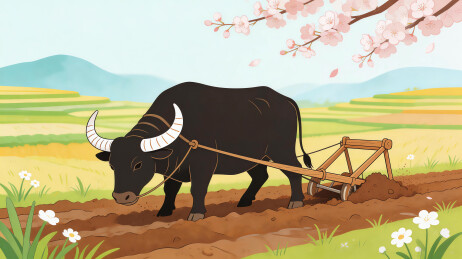 春天农田里耕地的牛插画