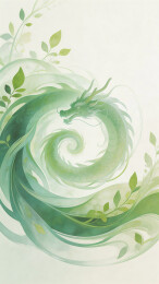 青绿色龙形卷云植物纹样插画