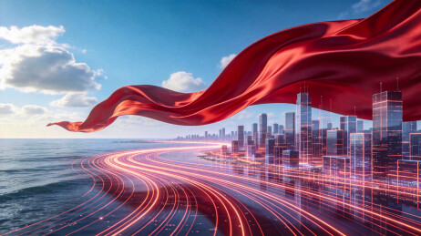 红色绸带飘扬城市光轨海景