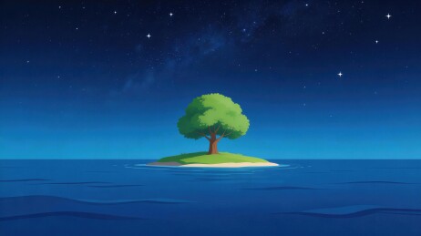 夜空下的孤岛绿树