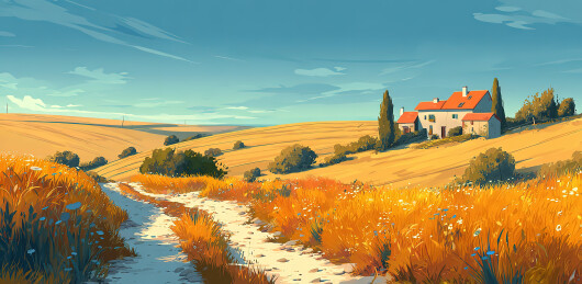 金秋田野中的乡村小屋