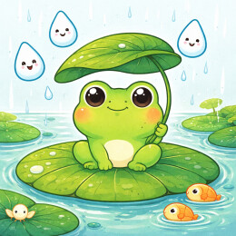 雨中小青蛙骑荷叶漂流2