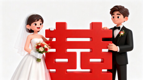 3d卡通风格新婚夫妇与喜字