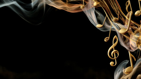 金色烟雾中飞舞的乐谱与音符