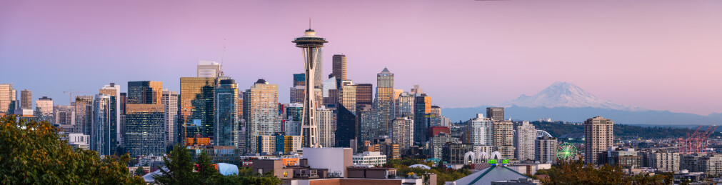 美国西雅图太空针塔城市天际线夜景风光航拍