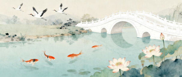 古典水墨画桥流水鸭鱼