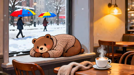 下雪天穿毛衣小熊在咖啡馆窗台休憩