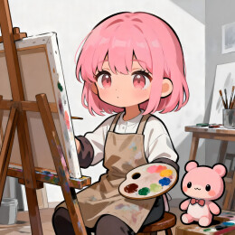 粉发女孩在画室绘画场景