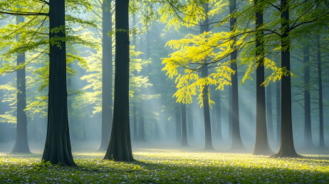 高大水杉林晨光雾霭场景