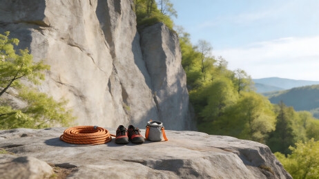 橙色攀岩绳黑红登山鞋岩壁平台