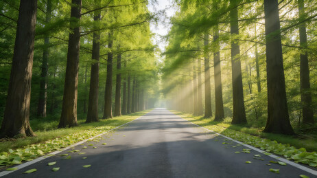 高大水杉林荫道阳光穿透