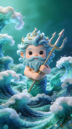 蓝发海神持三叉戟立海浪