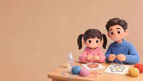 父女手工编织花朵温馨场景