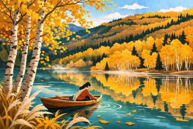 金秋湖湾独舟静坐