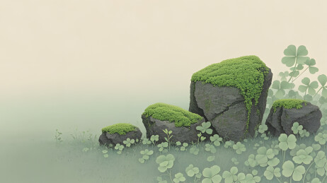 青苔覆盖岩石三叶草雾境